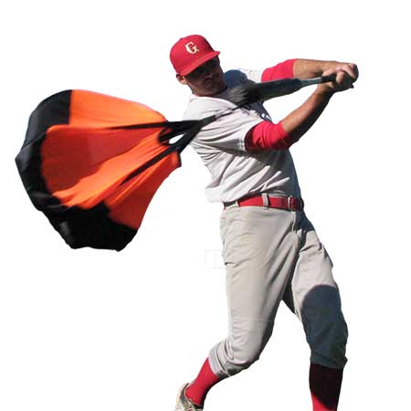 Baseball player using the baseball swing trainer chute by chute trainer.